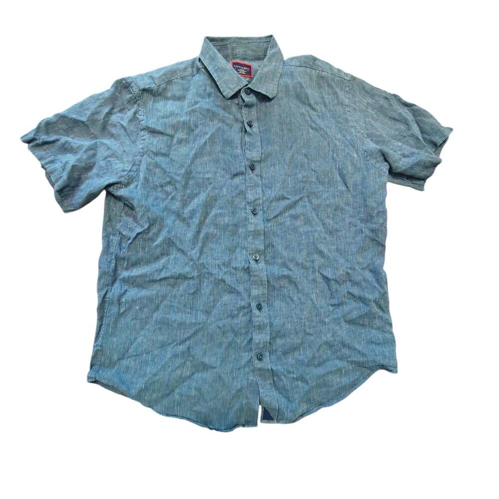 UNTUCKit Men's Short Sleeve Size Large Shirt Blue Button Pinstripe 100% Linen